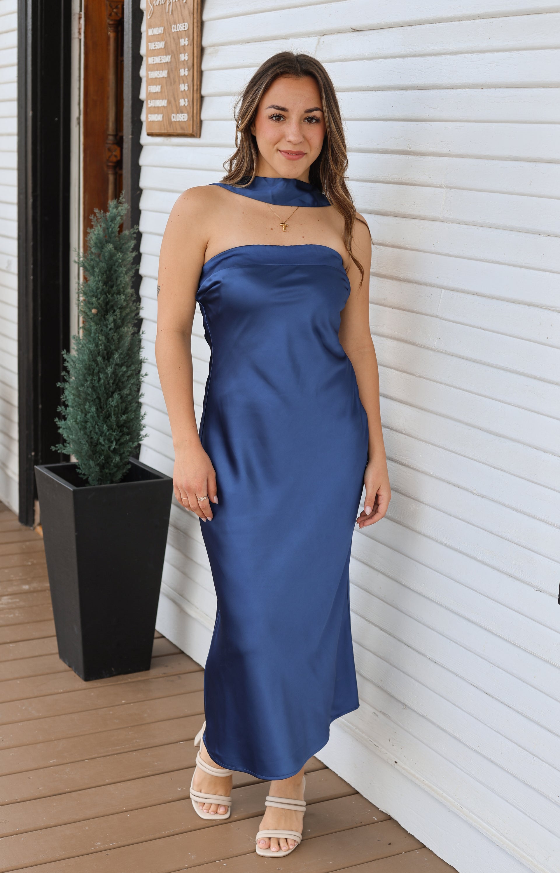 strapless midi dress with neck scarf Strapless Scarf Midi Dress