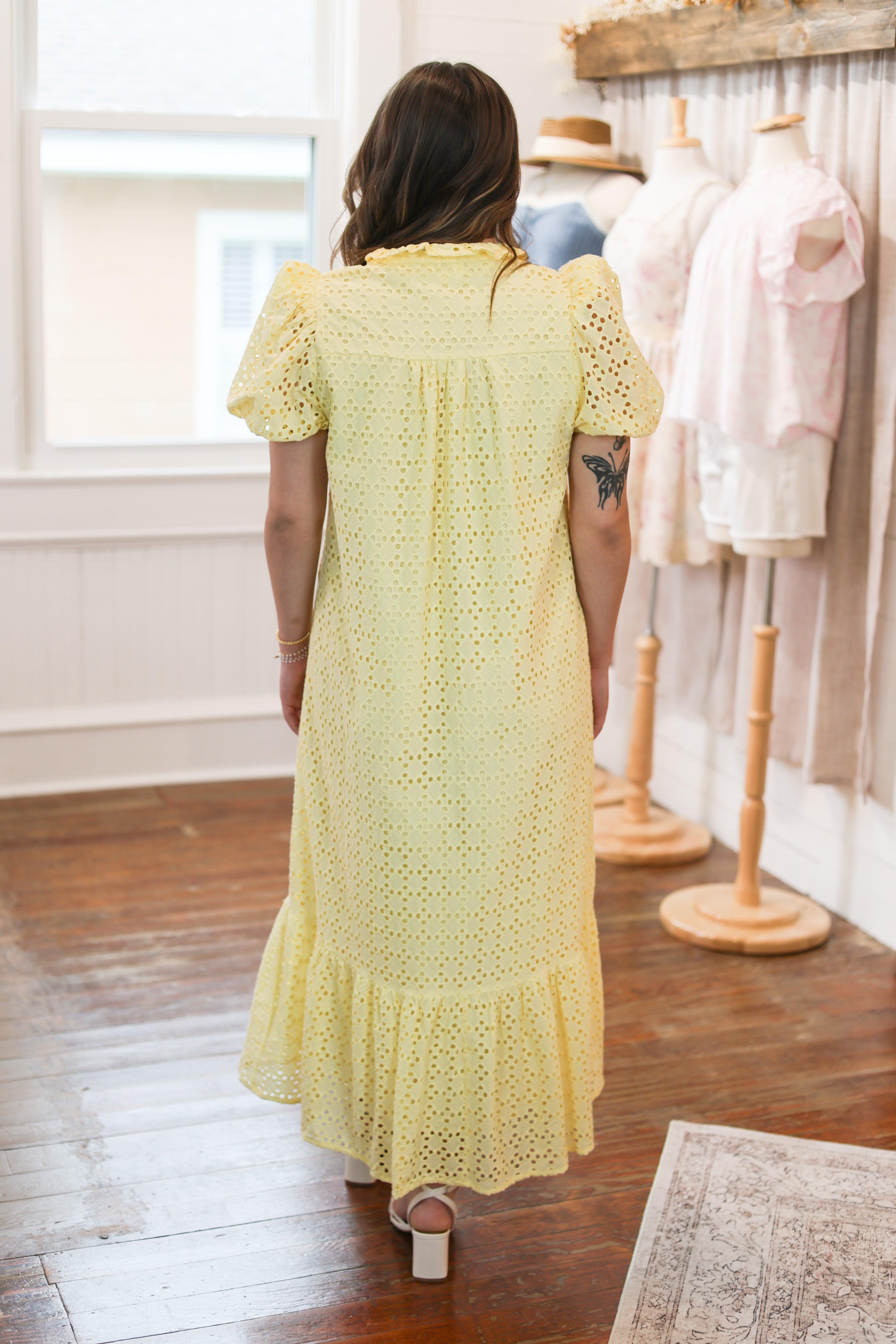yellow eyelet midi dress Moon River Slow Burn Eyelet Midi Dress | Wild Dove Boutique